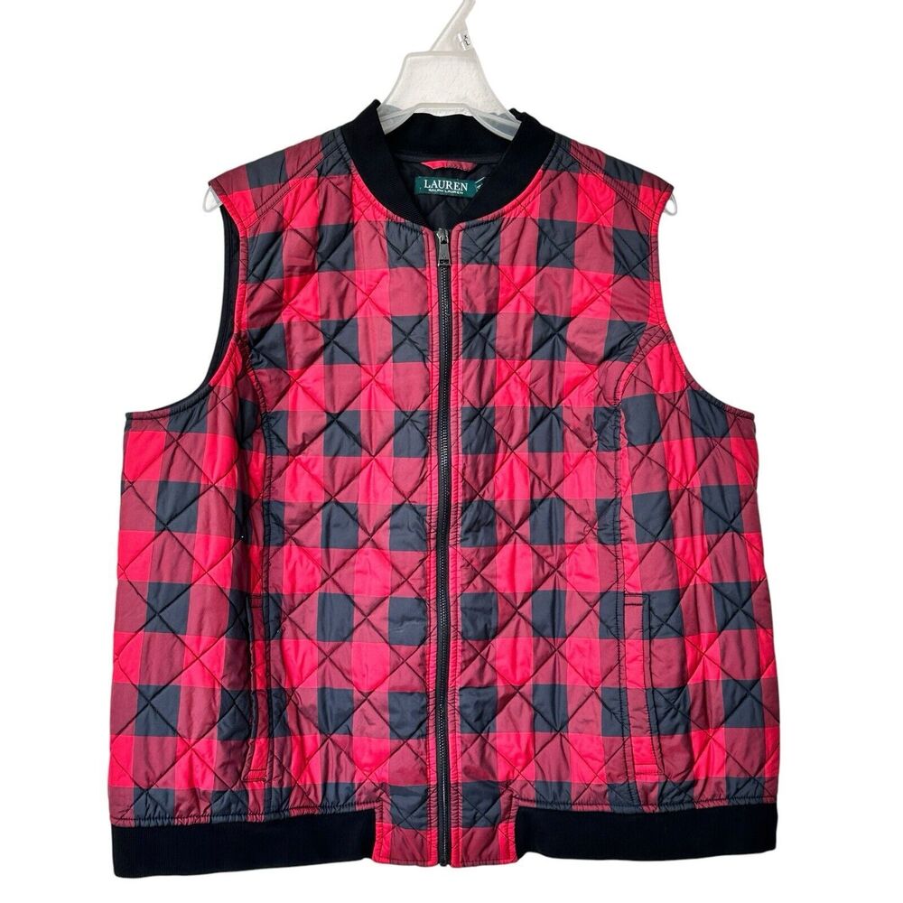 Ralph Lauren 2X down filled quilted buffalo check women's black red vest